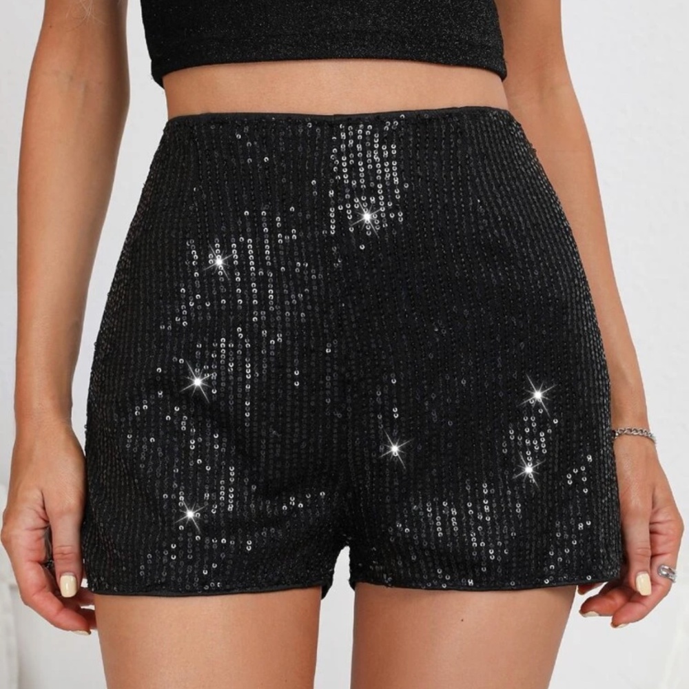 Black Sequins Straight Leg Shorts NWOT